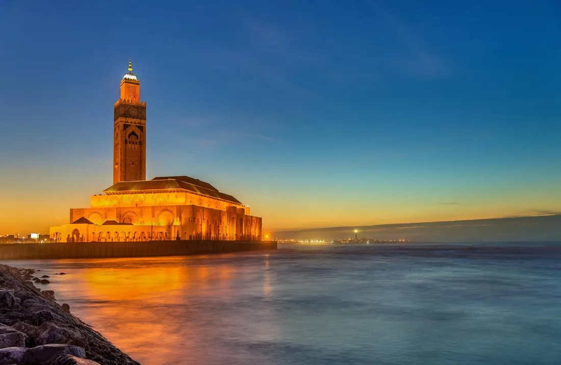The Hassan II Mosque in Casablanca at sunset
